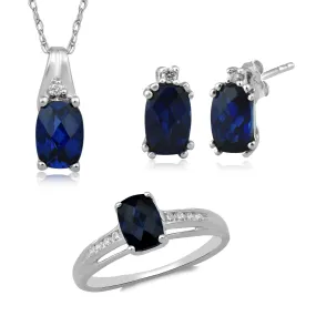 Jewelili Sterling Silver Checkerboard Cushion Cut Created Blue Sapphire and White Cubic Zirconia Ring, Earrings and Pendant Necklace Jewelry Set