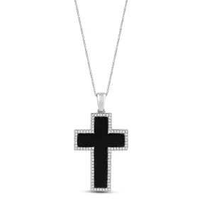 Jewelili Sterling Silver with Black Onyx and 1/4 CTTW Natural White Round Diamonds Men's Cross Pendant Necklace