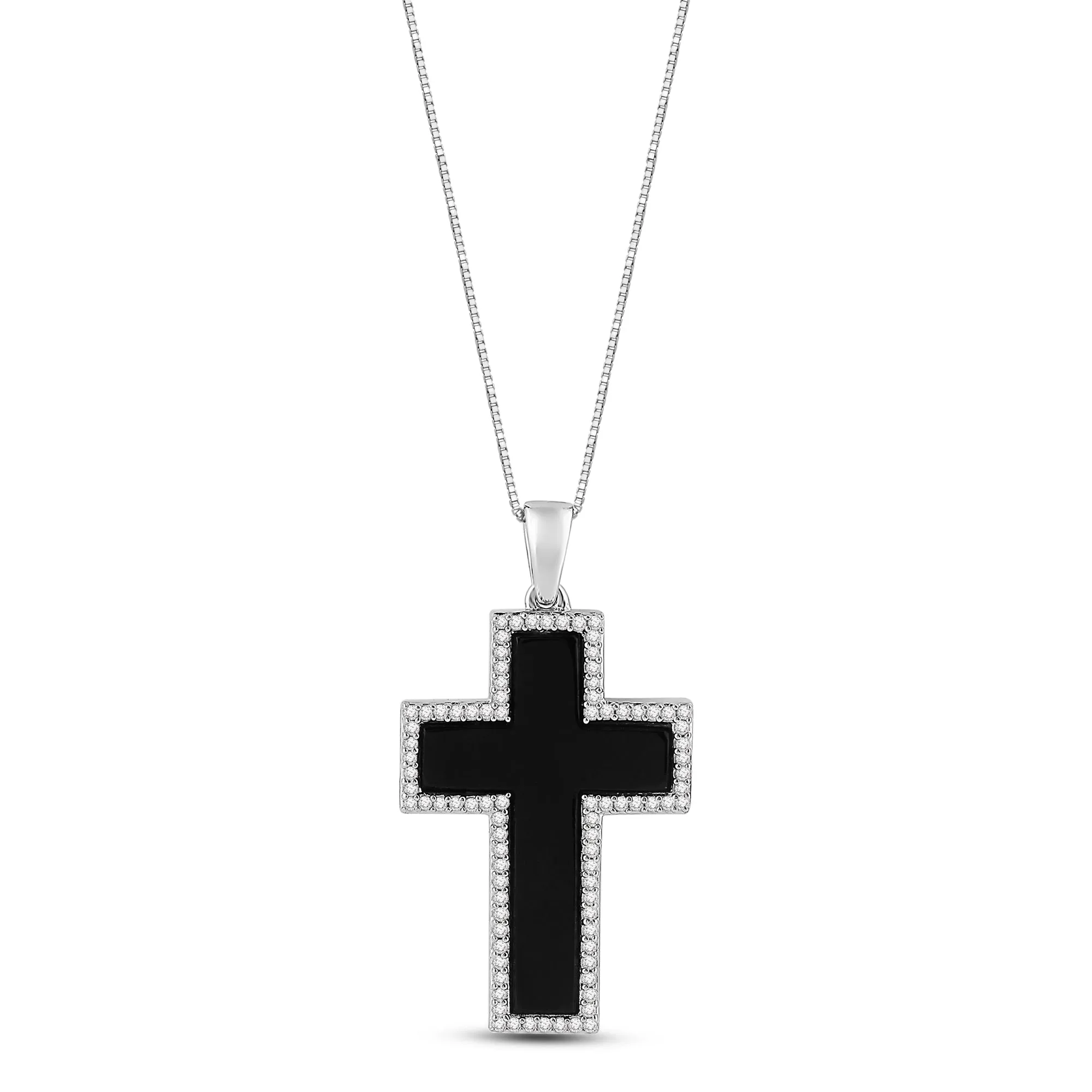 Jewelili Sterling Silver with Black Onyx and 1/4 CTTW Natural White Round Diamonds Men's Cross Pendant Necklace