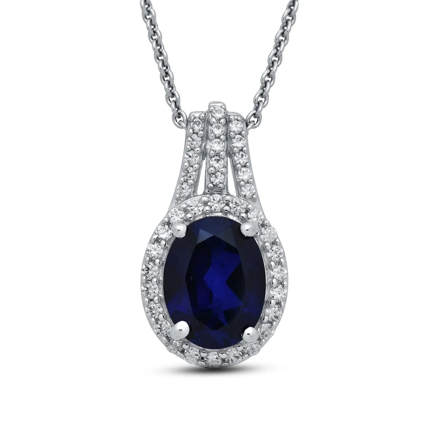 Jewelili Sterling Silver With Created Blue Sapphire with Cubic Zirconia Pendant Necklace Stud Earrings Jewelry Set