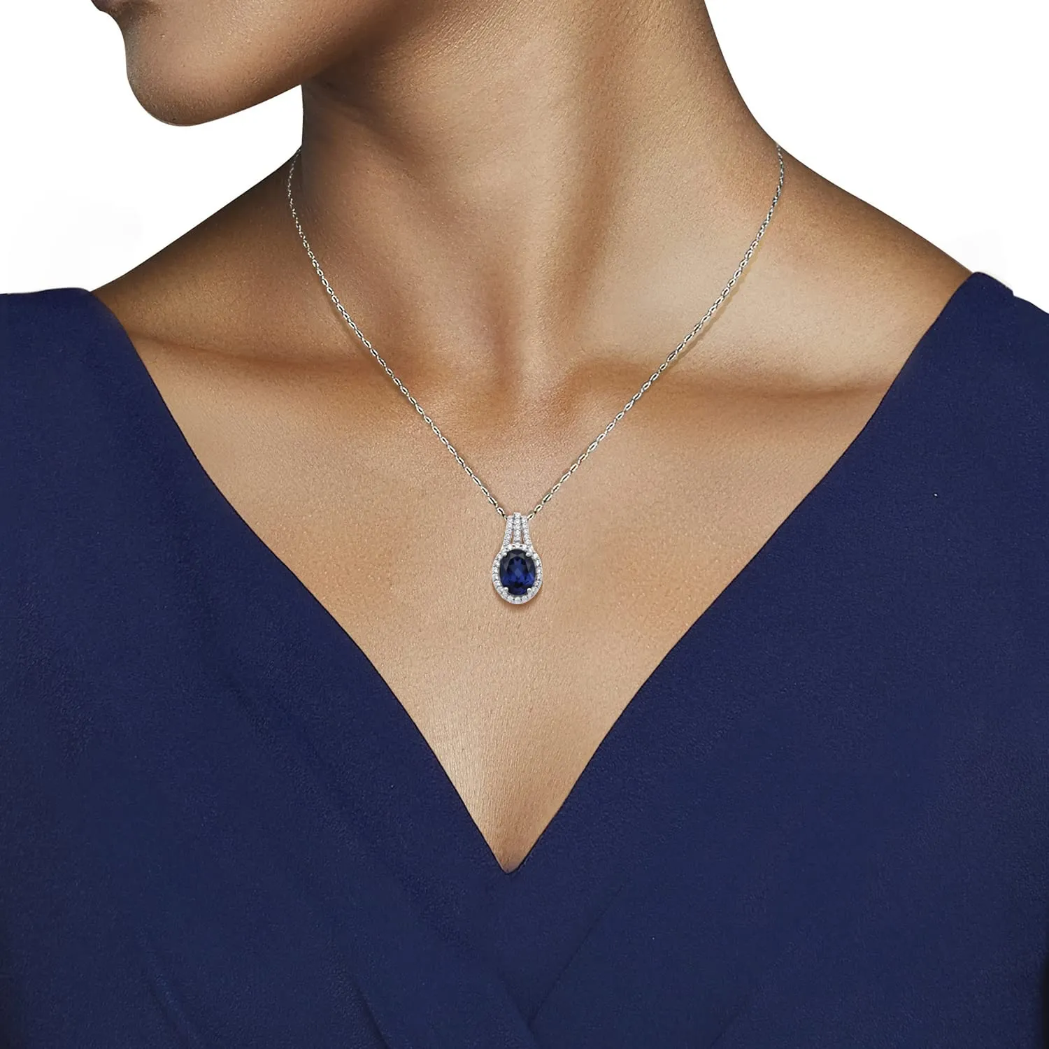 Jewelili Sterling Silver With Created Blue Sapphire with Cubic Zirconia Pendant Necklace Stud Earrings Jewelry Set