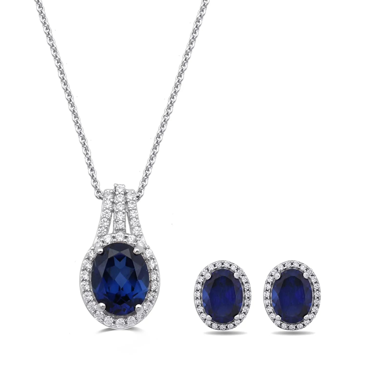 Jewelili Sterling Silver With Created Blue Sapphire with Cubic Zirconia Pendant Necklace Stud Earrings Jewelry Set