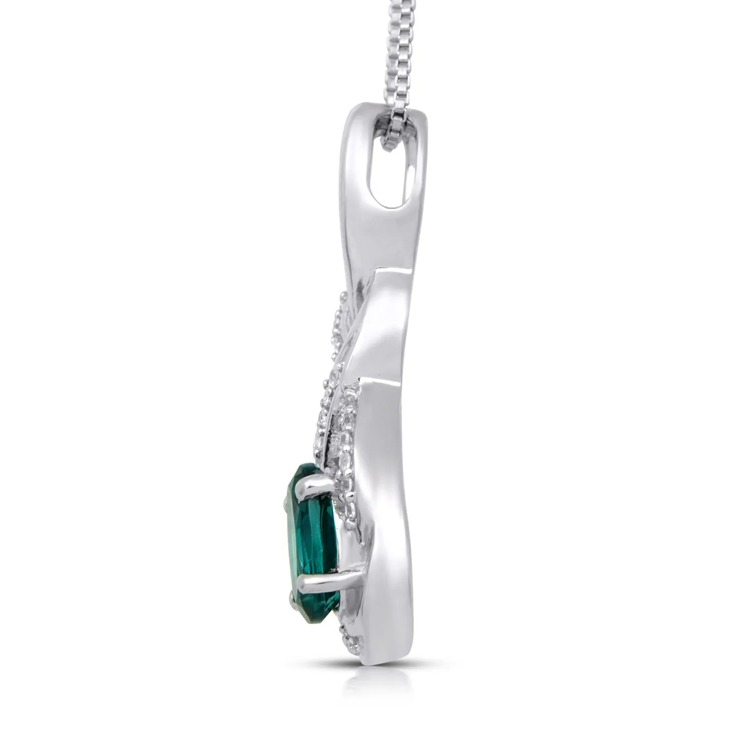 Jewelili Sterling Silver With Created Emerald and Created White Sapphire Twisted Pendant Necklace