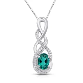 Jewelili Sterling Silver With Created Emerald and Created White Sapphire Twisted Pendant Necklace