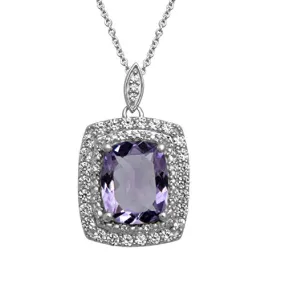 Jewelili Sterling Silver With Cushion Shape Amethyst and Round Created White Sapphire Double Halo Pendant Necklace, 18" Cable Chain