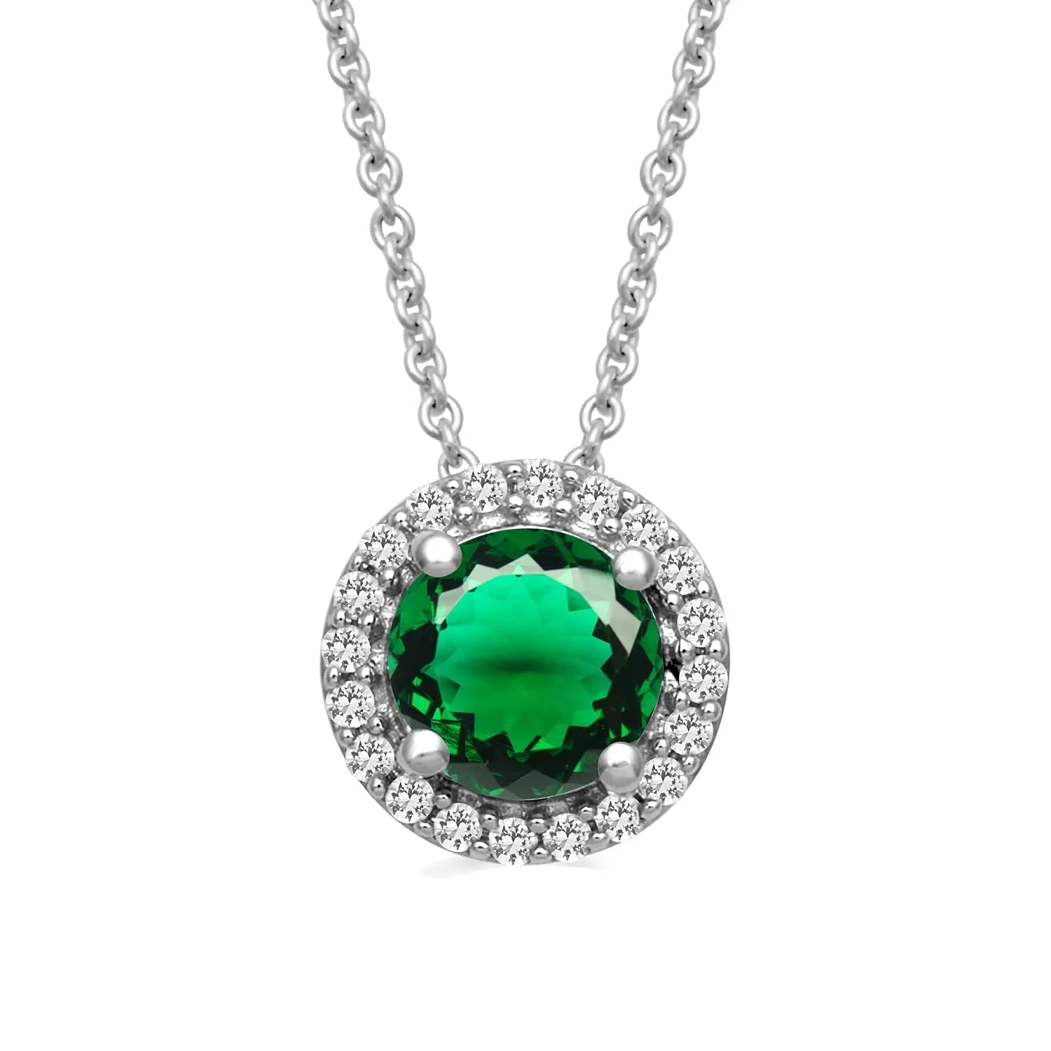 Jewelili Sterling Silver with Round Emerald and Created White Sapphire Halo Pendant Necklace