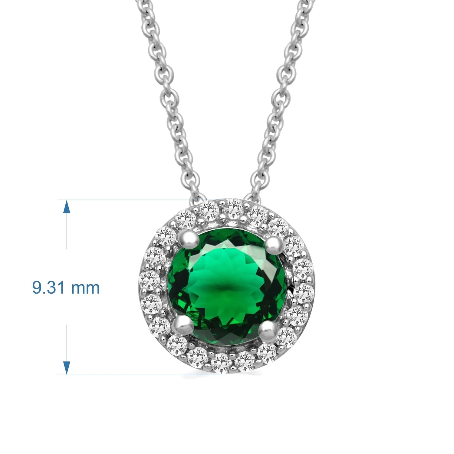 Jewelili Sterling Silver with Round Emerald and Created White Sapphire Halo Pendant Necklace