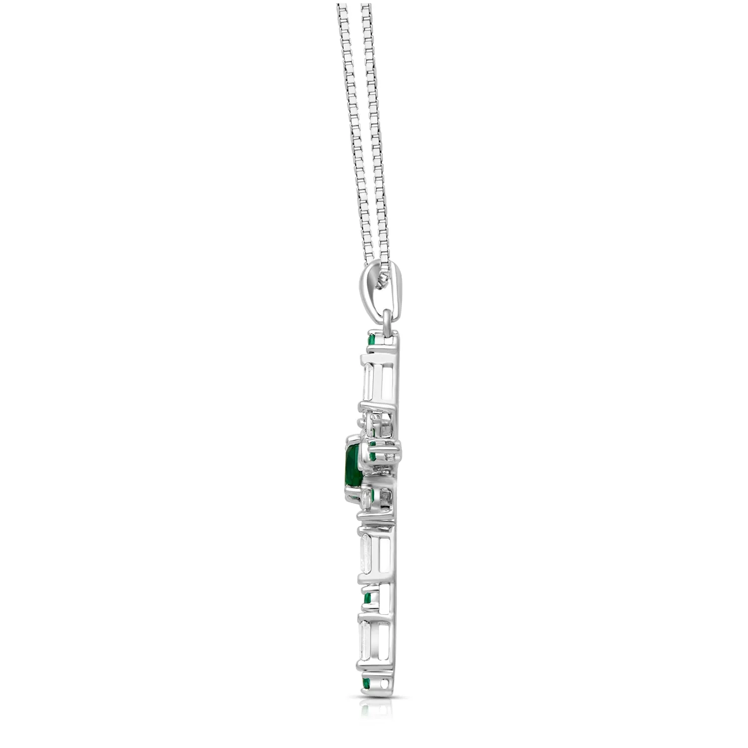 Jewelili Sterling Silver With Simulated Emerald and Created White Sapphire Cross Pendant Necklace