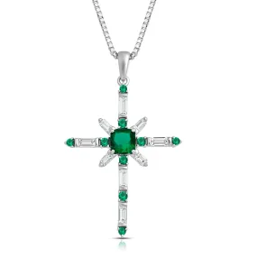 Jewelili Sterling Silver With Simulated Emerald and Created White Sapphire Cross Pendant Necklace