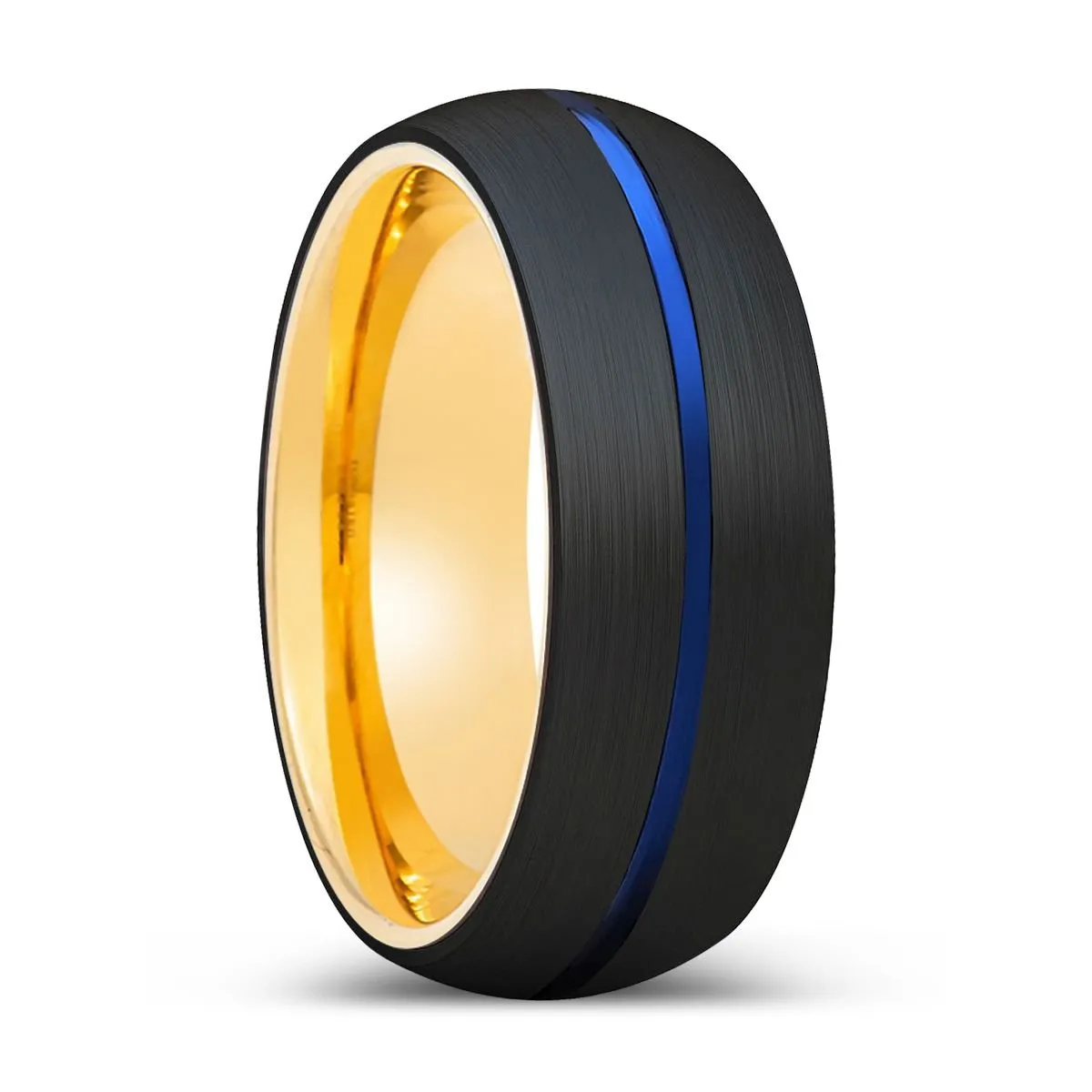 JUNIPER | Gold Ring, Black Tungsten Ring, Blue Groove, Domed