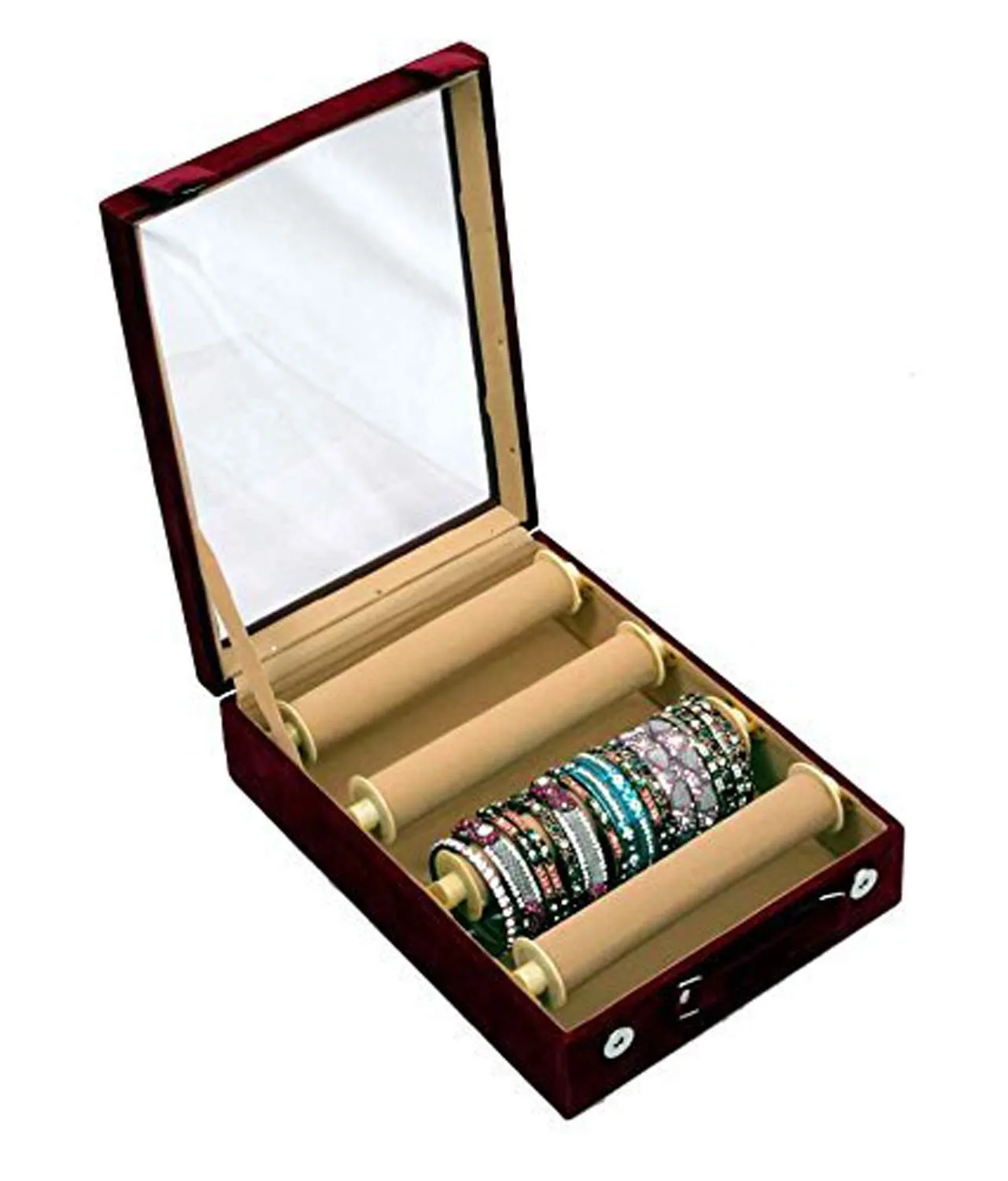 Kuber Industries Wooden 2 Piece Four Rod Transparent Velvet Bangle Storage Box, Maroon - CTKTC22803