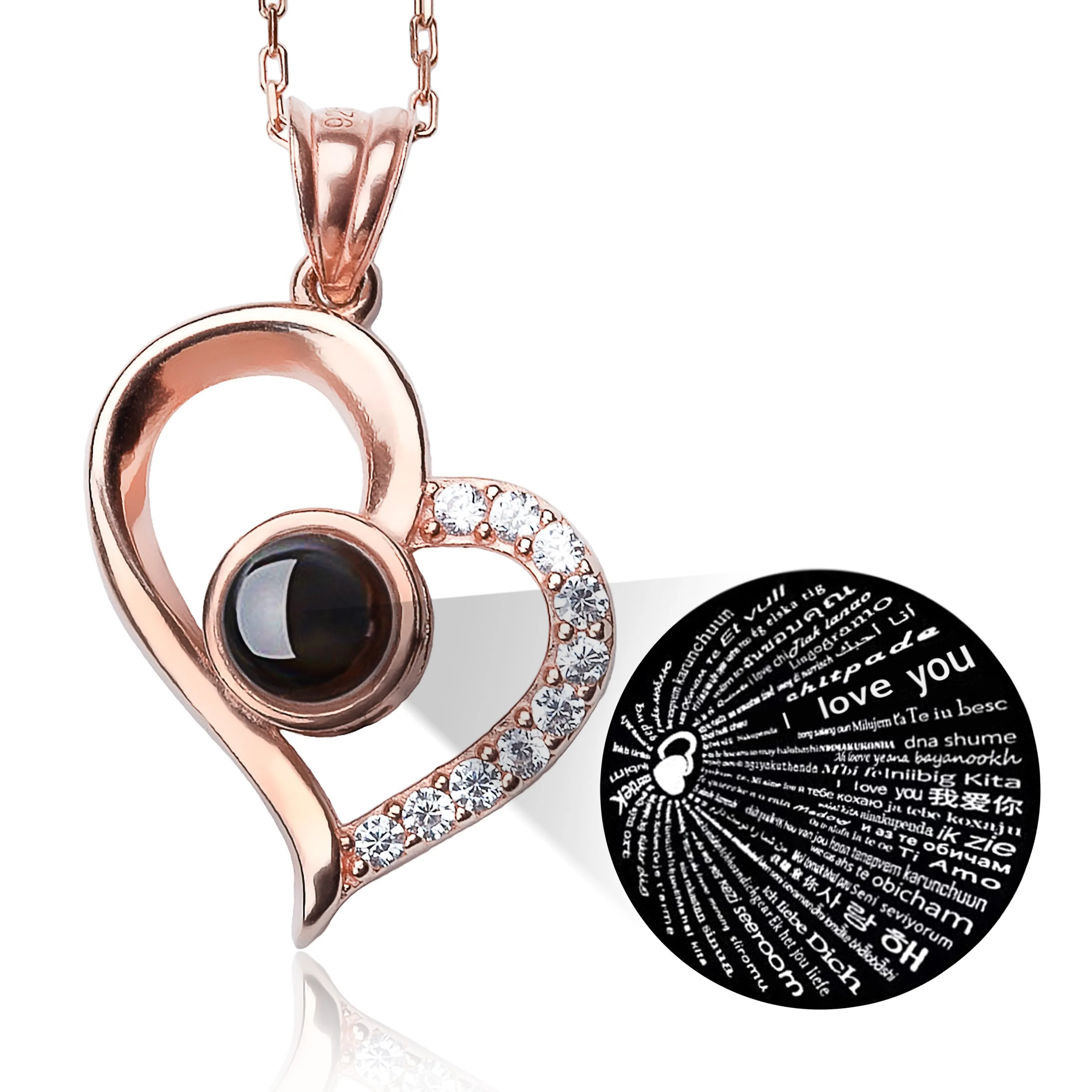 LADORIN I Love You Necklace - 925 Sterling Silver Necklace, 100 Languages Projection on Round Onyx Pendant, with Special Wooden Gift Box