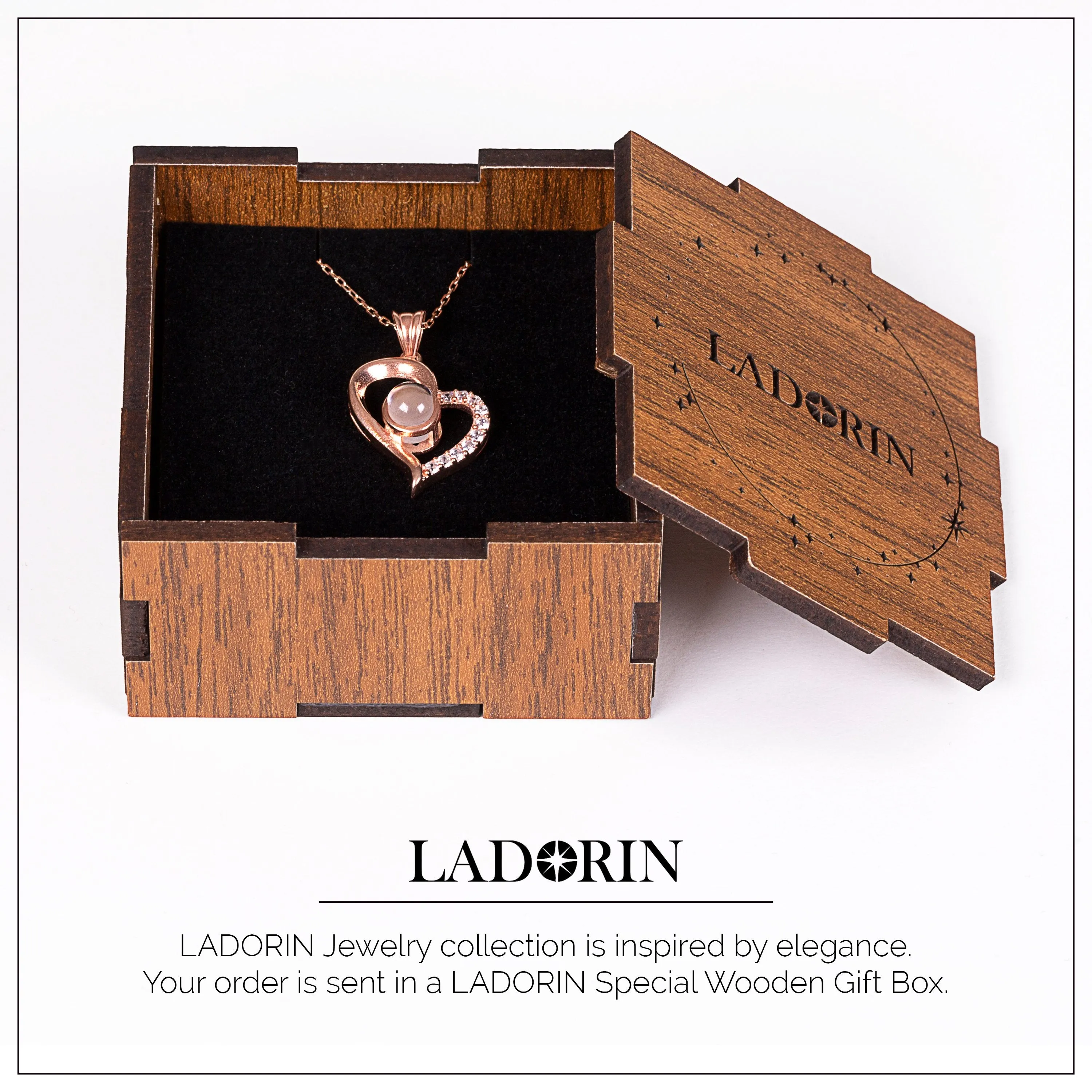 LADORIN I Love You Necklace - 925 Sterling Silver Necklace, 100 Languages Projection on Round Onyx Pendant, with Special Wooden Gift Box