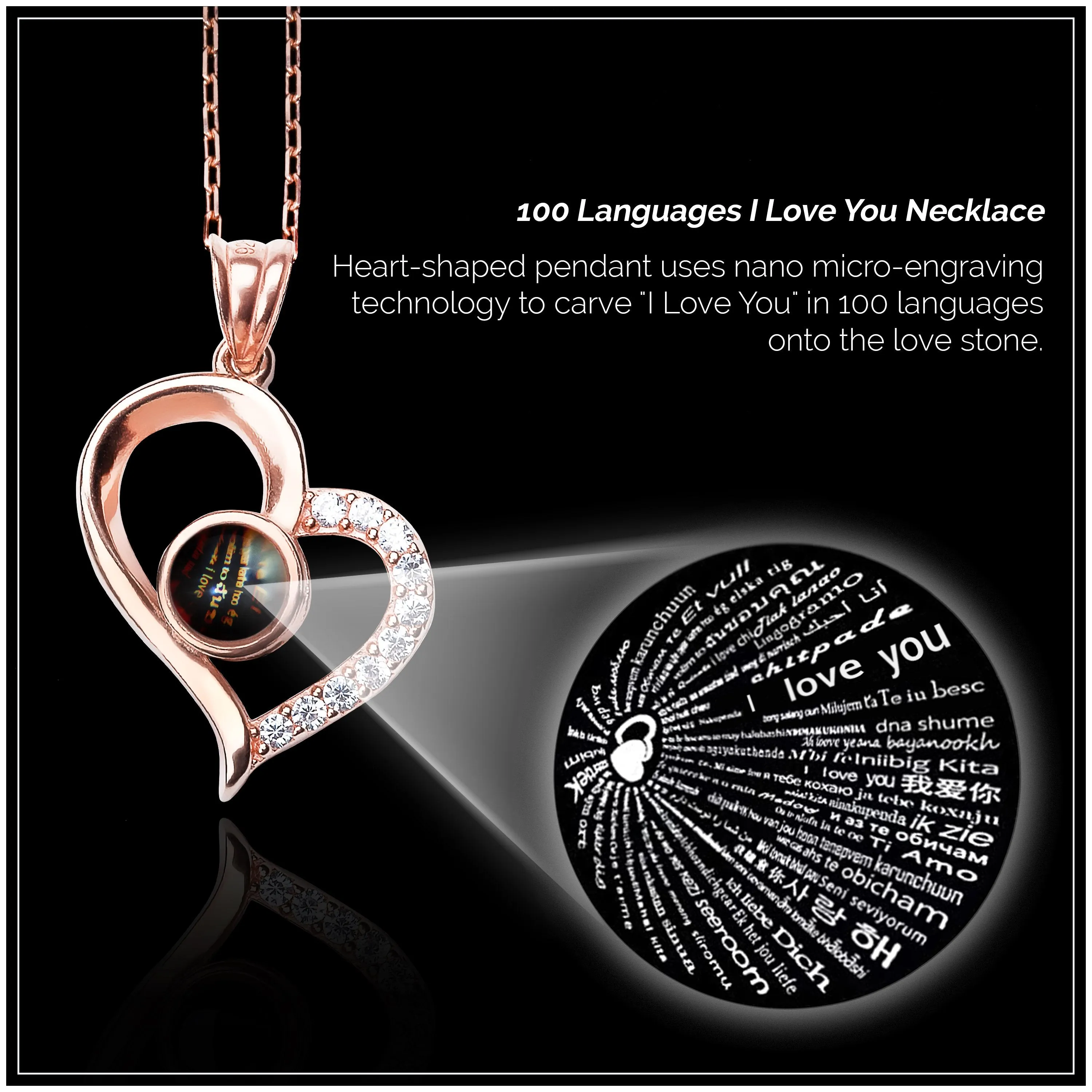 LADORIN I Love You Necklace - 925 Sterling Silver Necklace, 100 Languages Projection on Round Onyx Pendant, with Special Wooden Gift Box