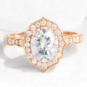 Large Oval Moissanite Ring in 14k Rose Gold Vintage Floral Diamond, Size 7.5