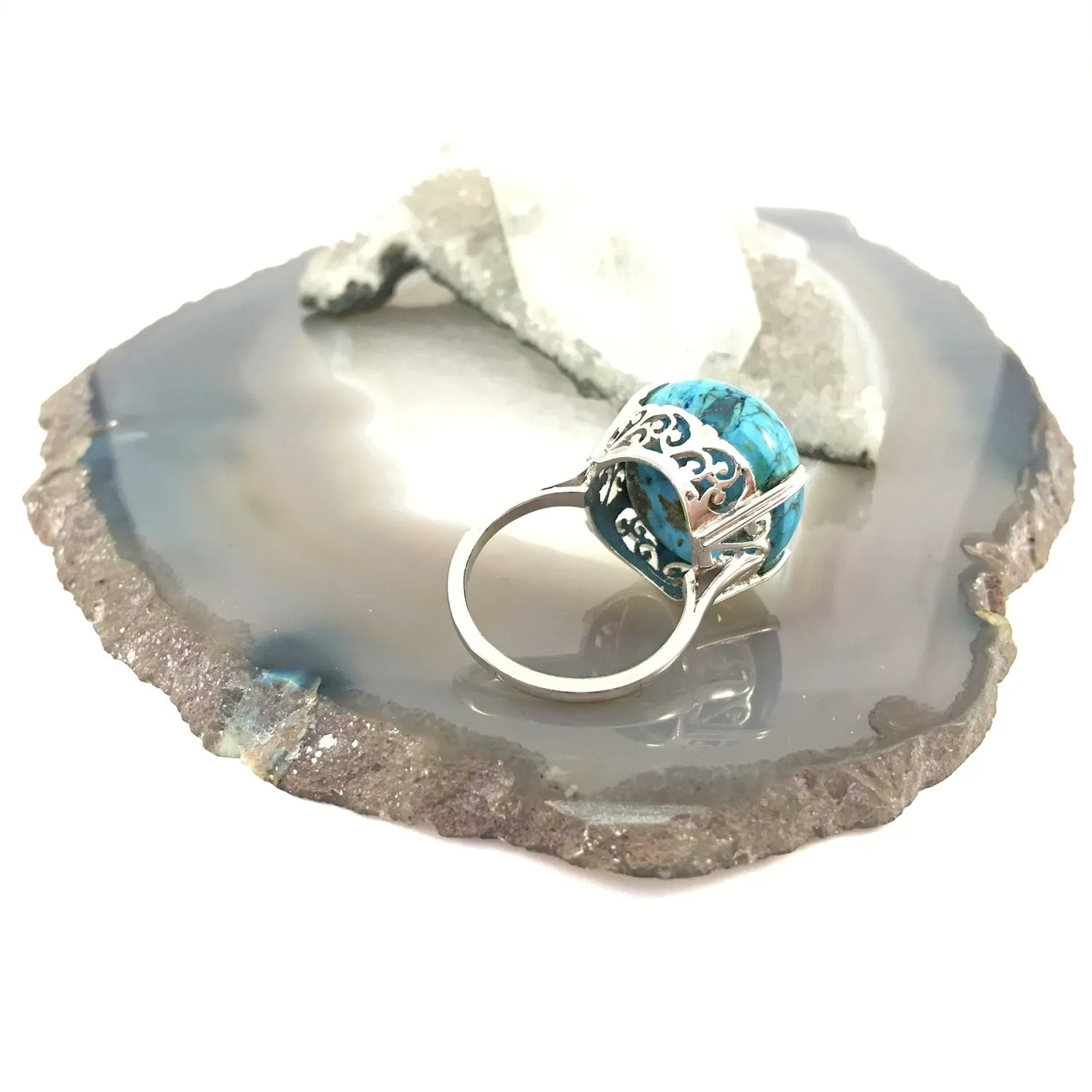 Large Turquoise in Floral Setting Size Q (925) Sterling Silver