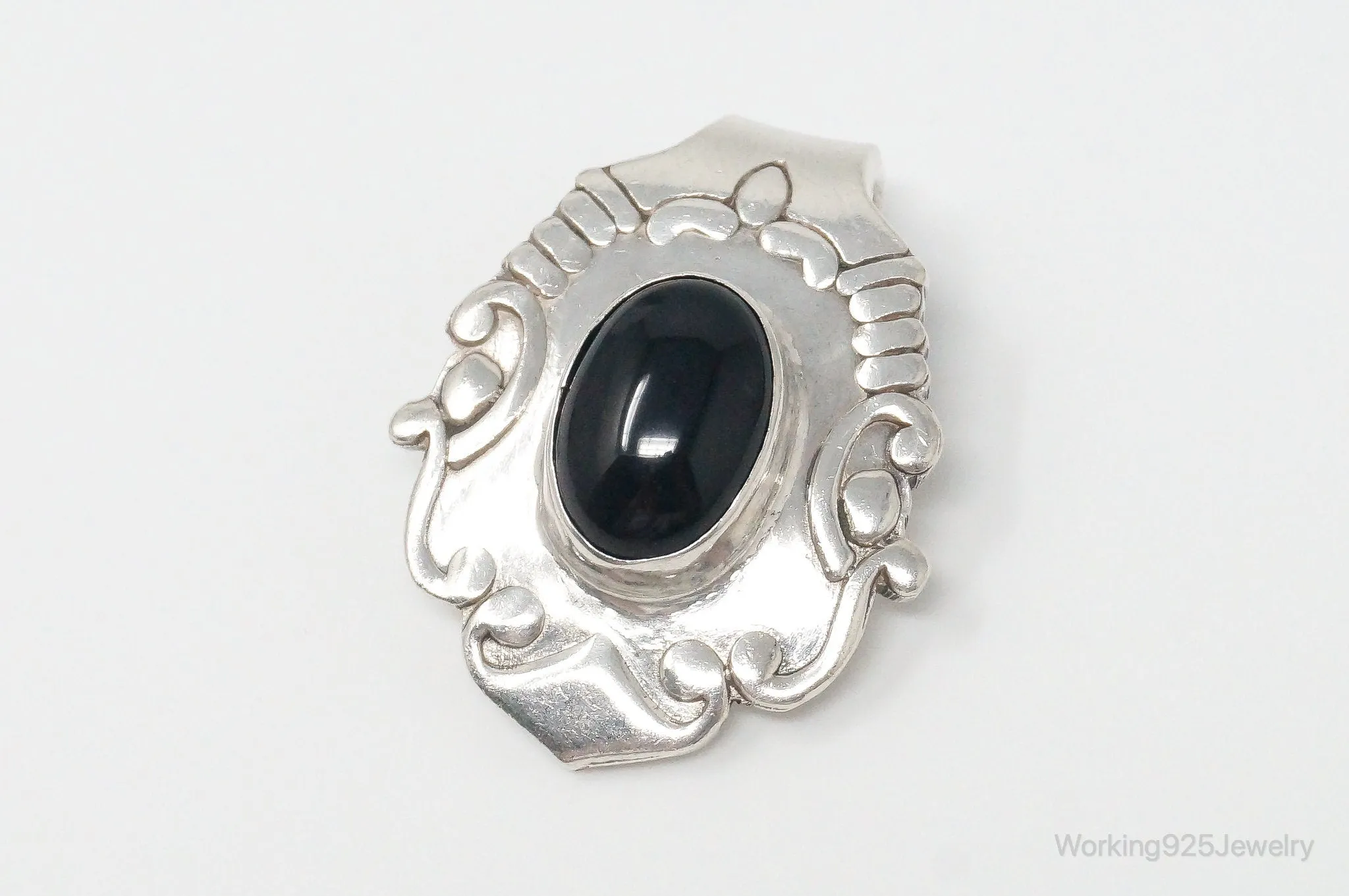 Large Vintage Mexico Black Onyx Art Deco Sterling Silver Pendant