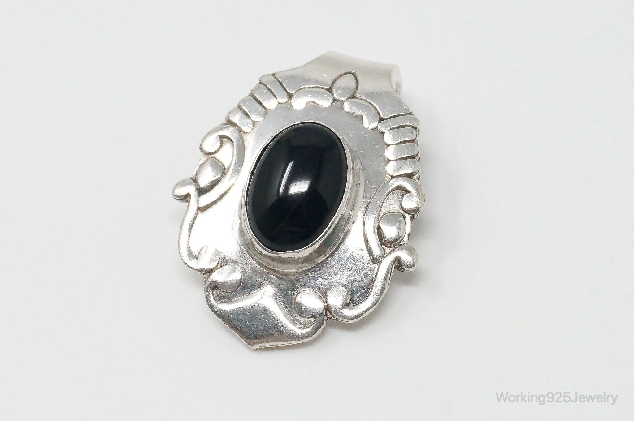 Large Vintage Mexico Black Onyx Art Deco Sterling Silver Pendant