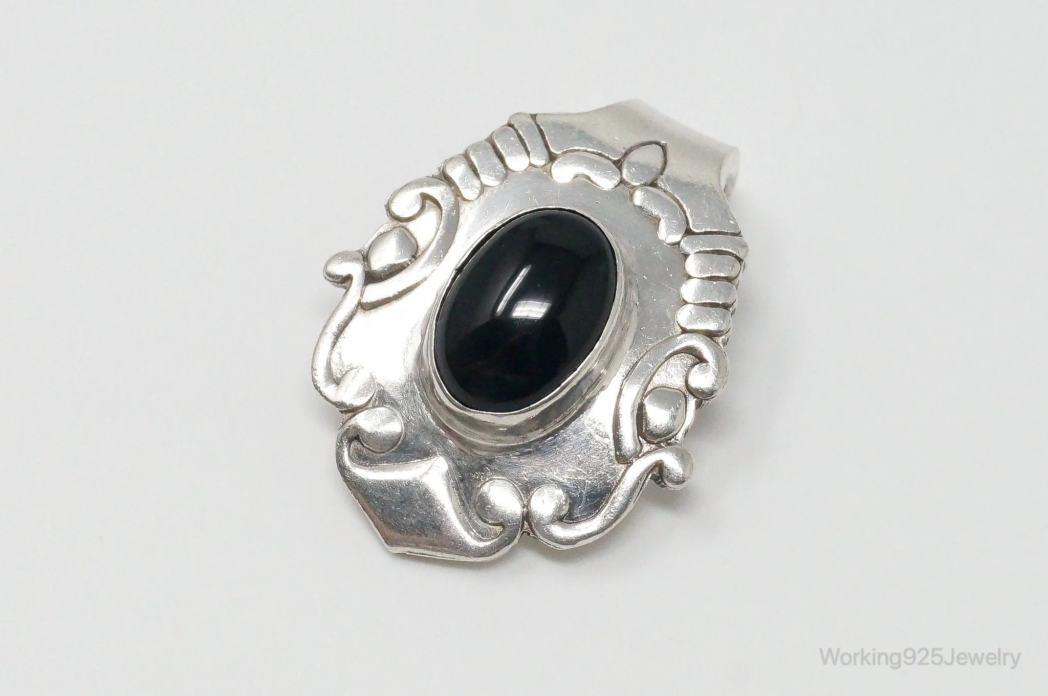 Large Vintage Mexico Black Onyx Art Deco Sterling Silver Pendant