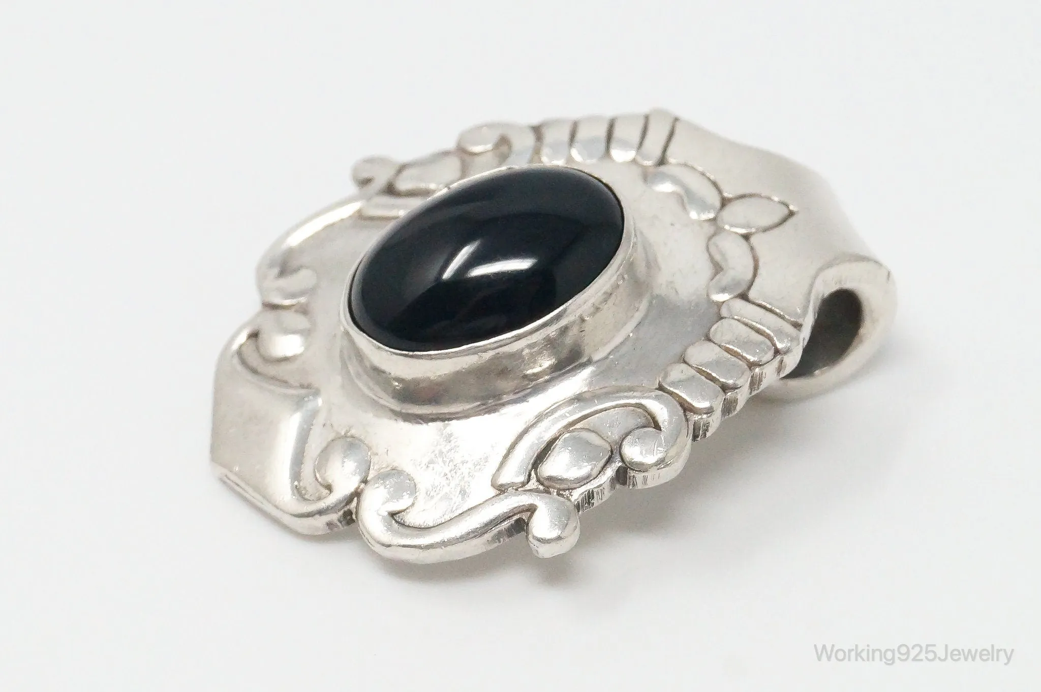 Large Vintage Mexico Black Onyx Art Deco Sterling Silver Pendant