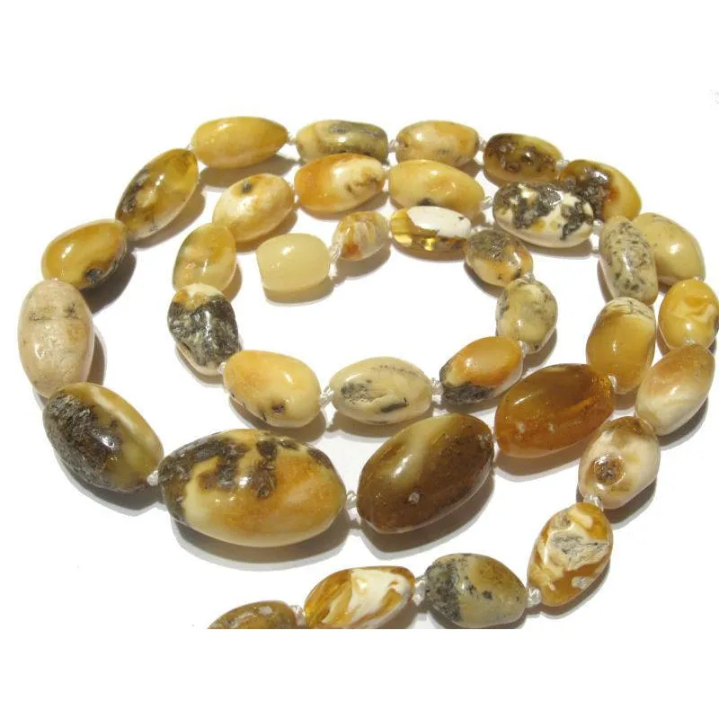 Light Yellow Butterscotch and White Butter Amber Nugget Knotted Strand/Necklace