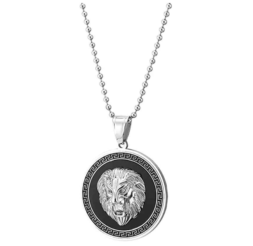 Lion Medallion Necklace African Lion Head Chain Simulated Diamond Judah Lion Leo Jewelry Hebrew Roaring Gold Silver Color Metal Alloy Lion Chain 30in.