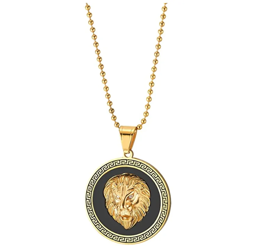 Lion Medallion Necklace African Lion Head Chain Simulated Diamond Judah Lion Leo Jewelry Hebrew Roaring Gold Silver Color Metal Alloy Lion Chain 30in.