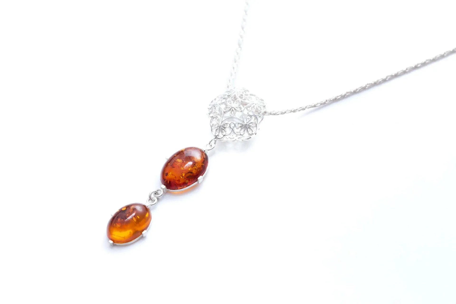 Long Amber Drop Y Necklace - Elegant Baltic Amber Pendant