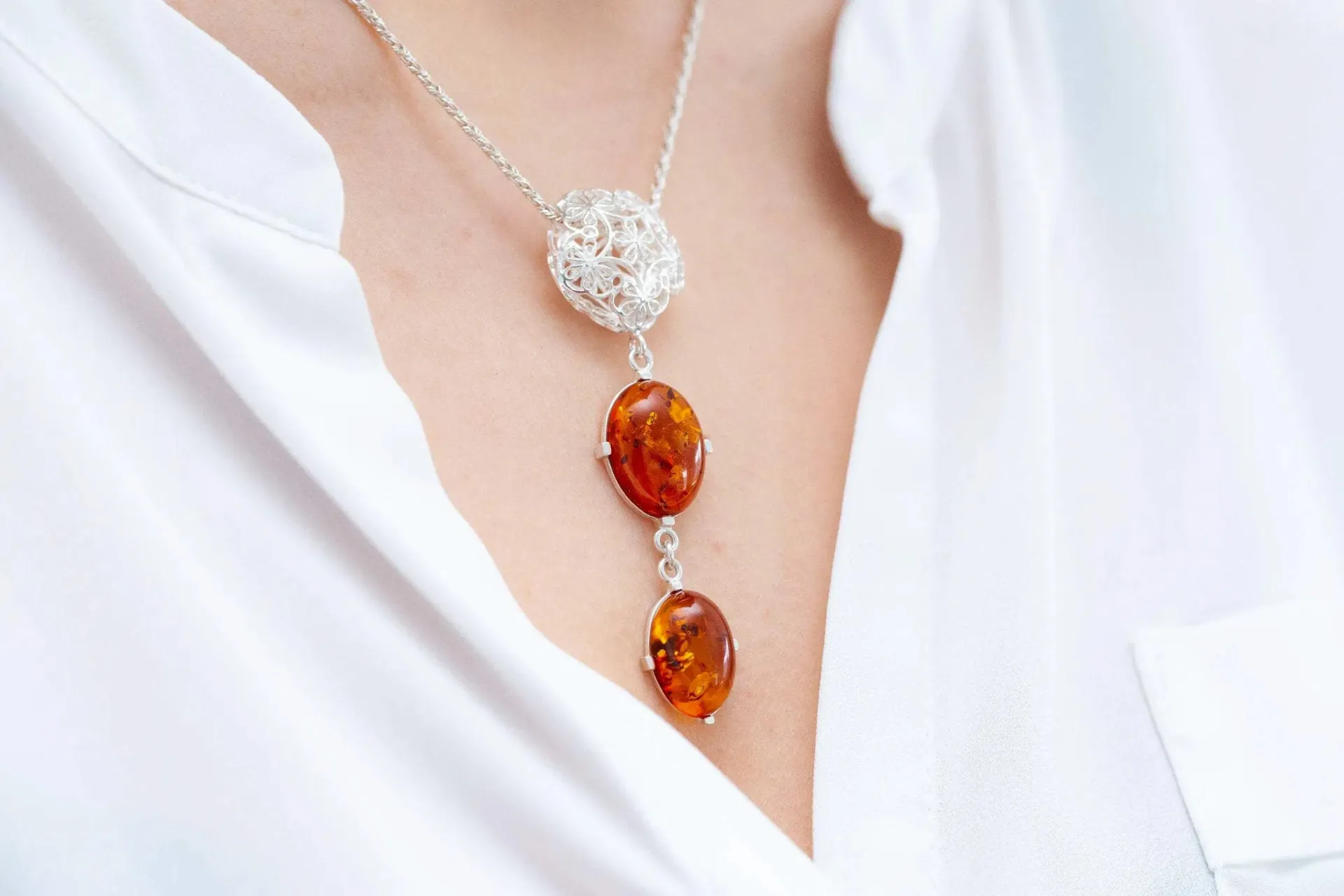 Long Amber Drop Y Necklace - Elegant Baltic Amber Pendant