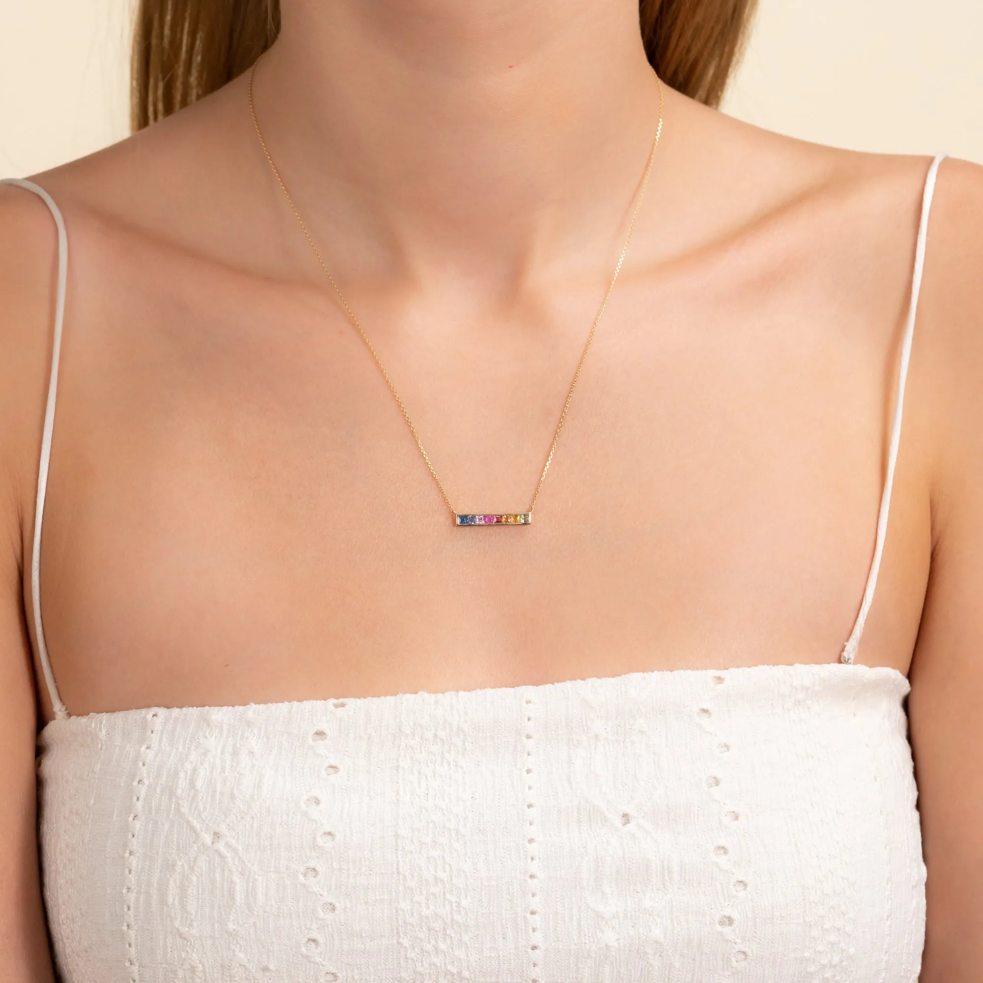 Long Rainbow Sapphire Bar Necklace, Kira