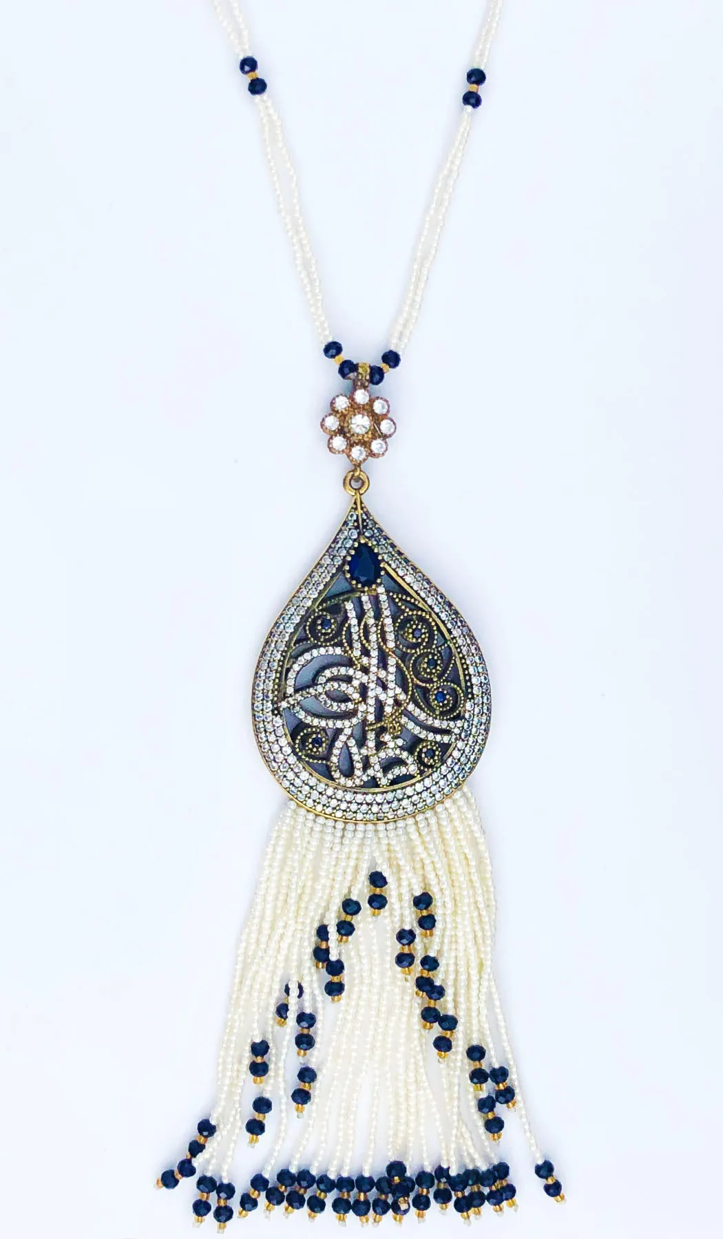 Long Turkish Tughra Tassel Necklace - White & Dark Blue