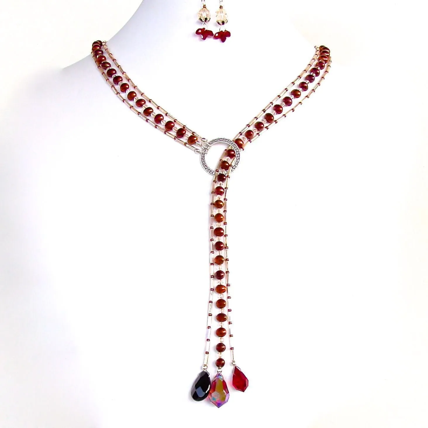 Lovers Moon: 24" Red Pearl Lariat Necklace Set