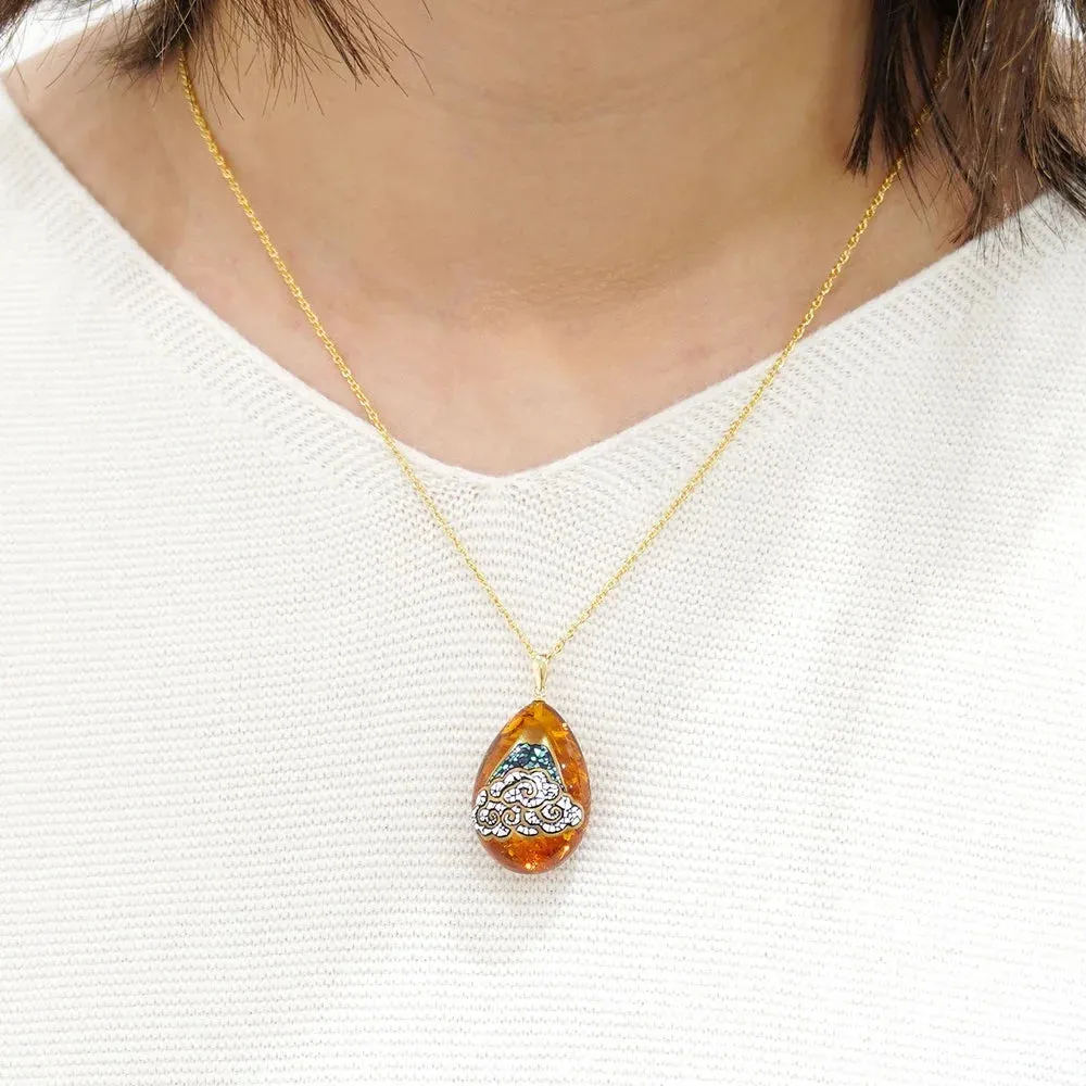 Maki-e Urushi Lacquer Pendant Necklace - Amber / Mt. Fuji -, Traditional Japanese Urushi Lacquer Jewelry