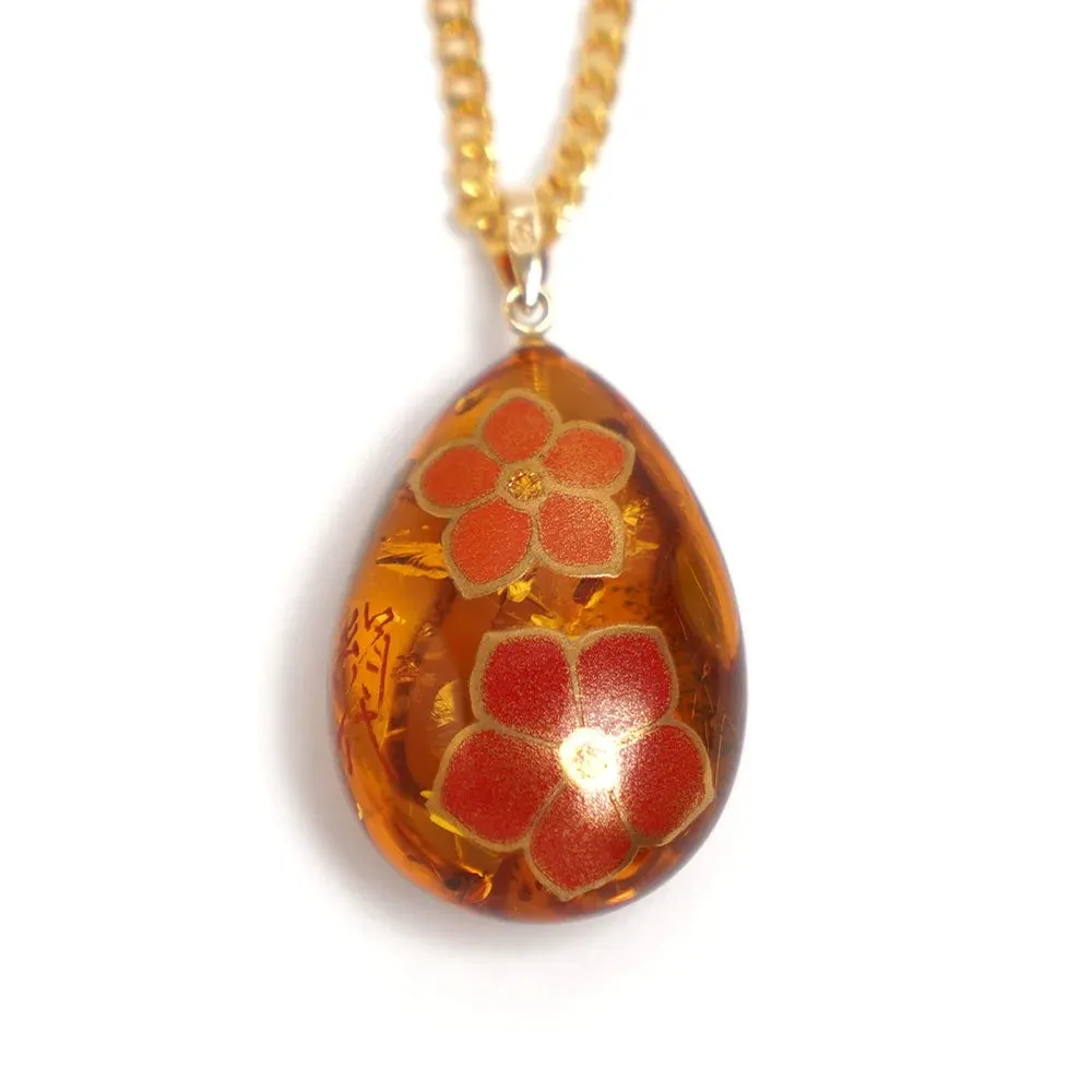 Maki-e Urushi Lacquer Reversible Pendant Necklace - Amber / Cat and Flower -, Traditional Japanese Urushi Lacquer Jewelry