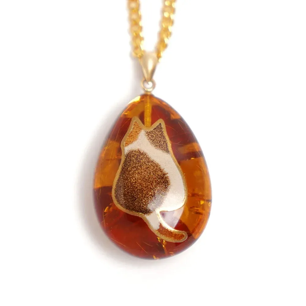 Maki-e Urushi Lacquer Reversible Pendant Necklace - Amber / Cat and Flower -, Traditional Japanese Urushi Lacquer Jewelry