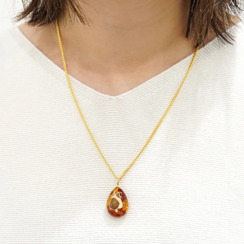 Maki-e Urushi Lacquer Reversible Pendant Necklace - Amber / Cat and Flower -, Traditional Japanese Urushi Lacquer Jewelry