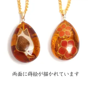 Maki-e Urushi Lacquer Reversible Pendant Necklace - Amber / Cat and Flower -, Traditional Japanese Urushi Lacquer Jewelry