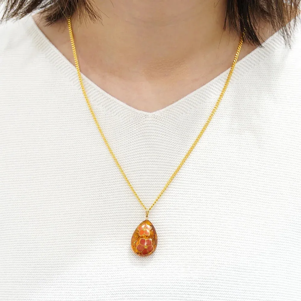 Maki-e Urushi Lacquer Reversible Pendant Necklace - Amber / Cat and Flower -, Traditional Japanese Urushi Lacquer Jewelry