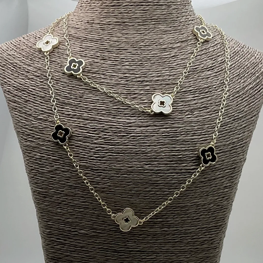 MBKJ Black & White Clover Station Necklace 36"