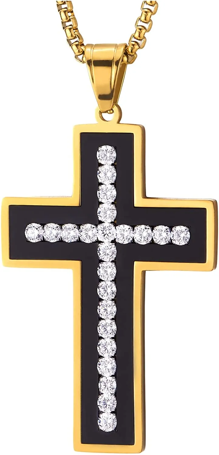 Men Women Stainless Steel Gold Black Cross Pendant Necklace with Cubic Zirconia, Unique Inlay Design