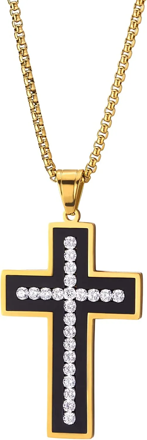 Men Women Stainless Steel Gold Black Cross Pendant Necklace with Cubic Zirconia, Unique Inlay Design