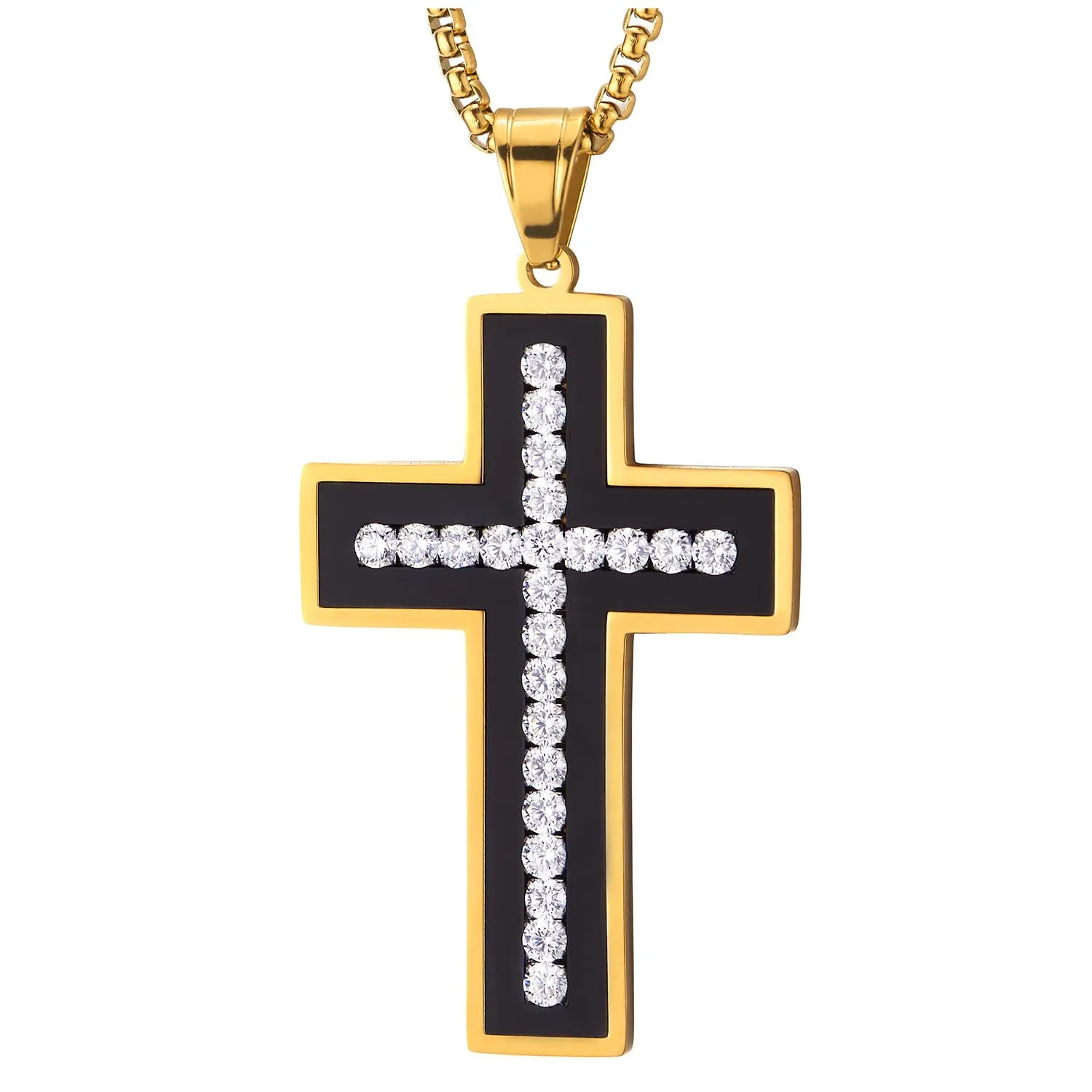 Men Women Stainless Steel Gold Black Cross Pendant Necklace with Cubic Zirconia, Unique Inlay Design