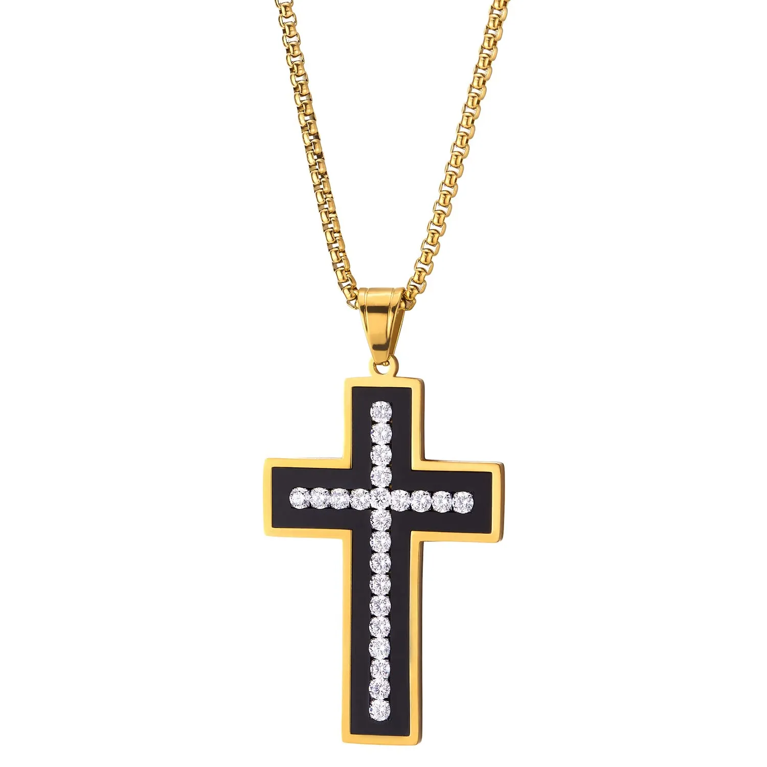 Men Women Stainless Steel Gold Black Cross Pendant Necklace with Cubic Zirconia, Unique Inlay Design