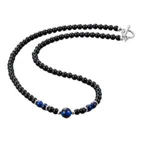 Men's Beaded Necklace | Handmade Natural Black Onyx and Blue Tiger's Eye Gemstone Beads Necklace for Men and Women