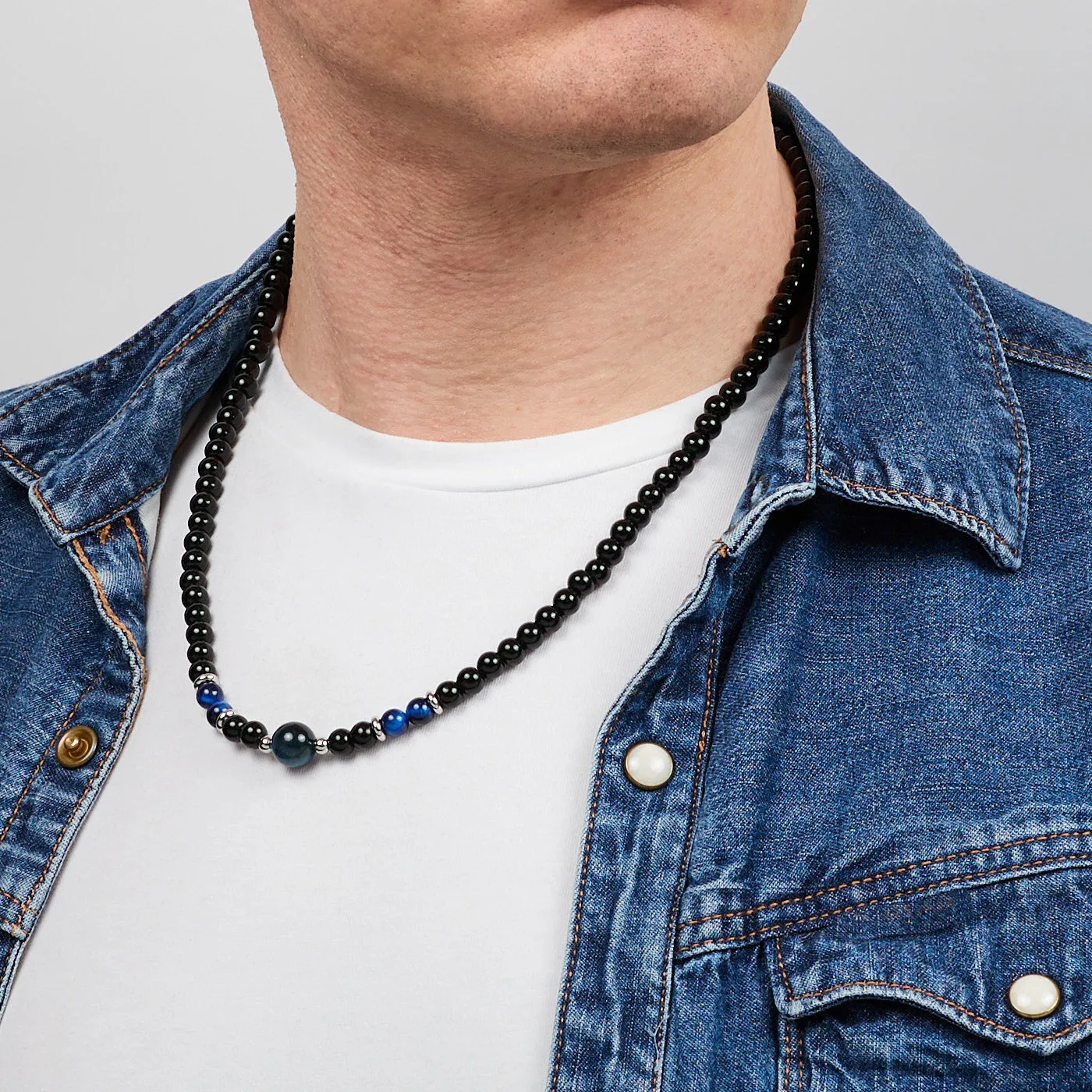 Men's Beaded Necklace | Handmade Natural Black Onyx and Blue Tiger's Eye Gemstone Beads Necklace for Men and Women