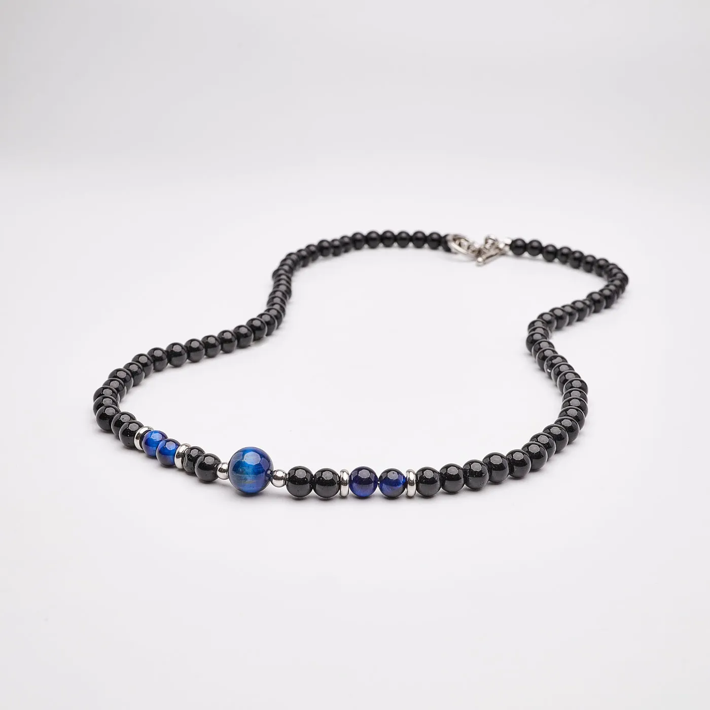 Men's Beaded Necklace | Handmade Natural Black Onyx and Blue Tiger's Eye Gemstone Beads Necklace for Men and Women