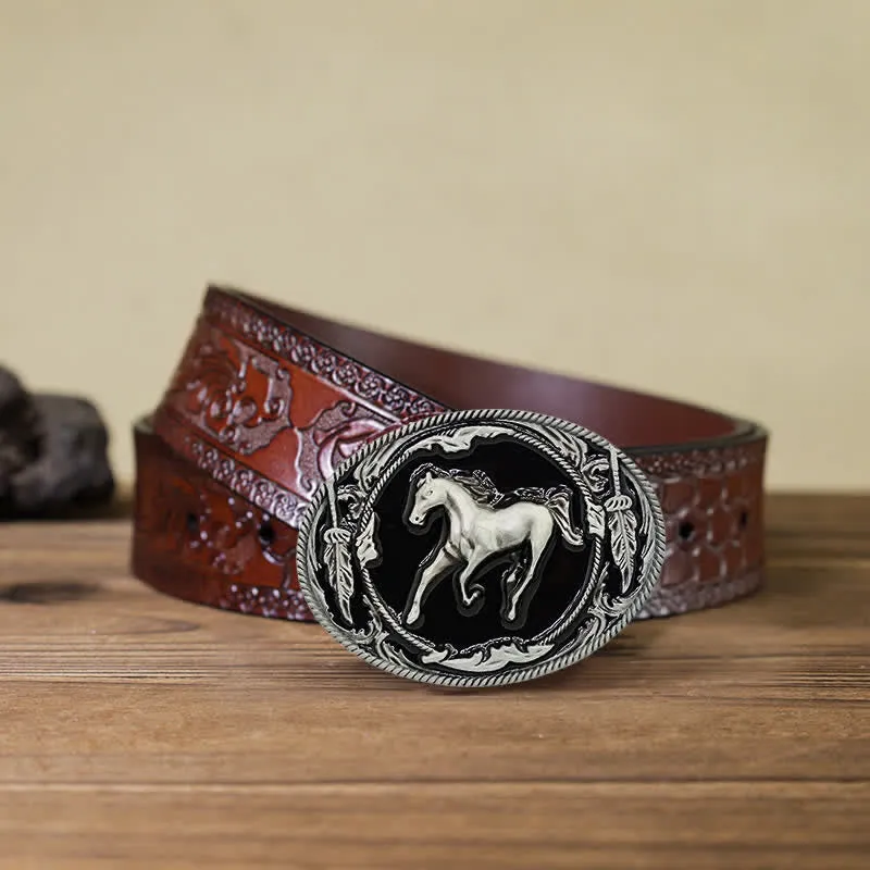 Men's DIY Silver Black Running Horse Buckle Leather Belt