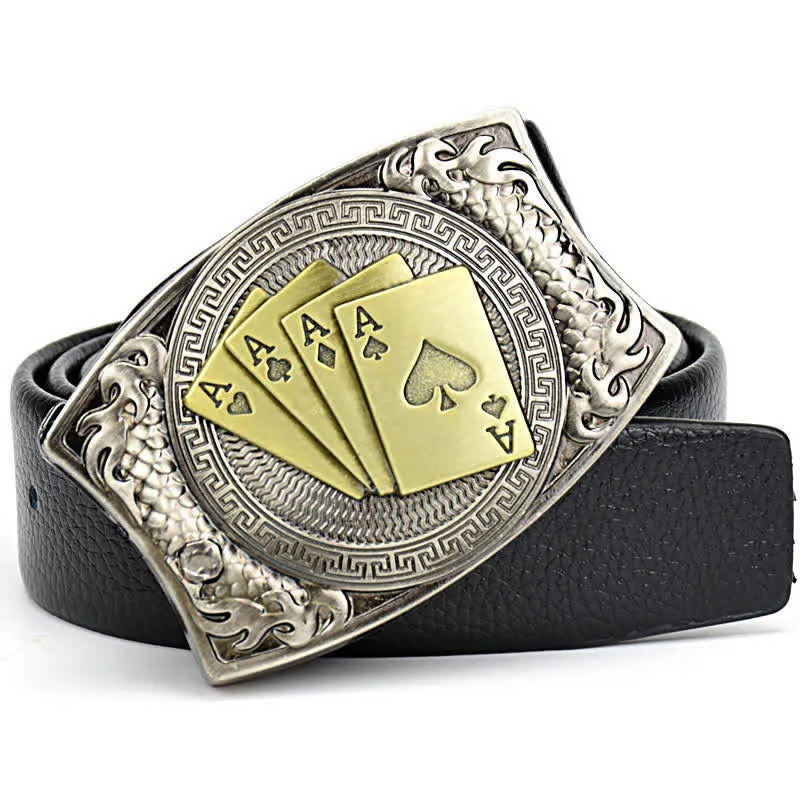 Men's Gold Poker Leather Belt With Folding Knife