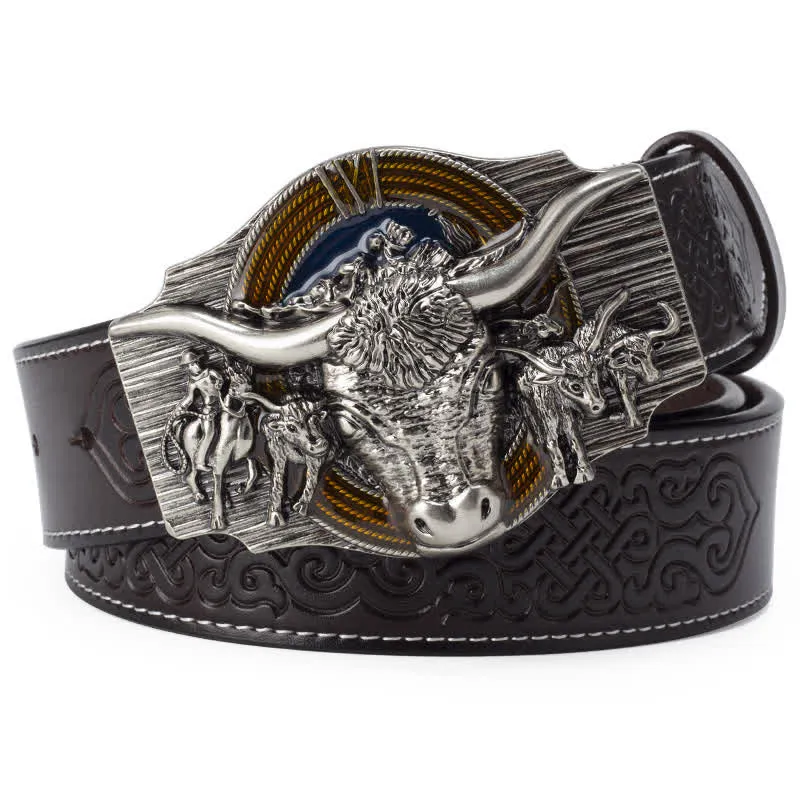 Men's Longhorn Bull Embossed Leather Belt