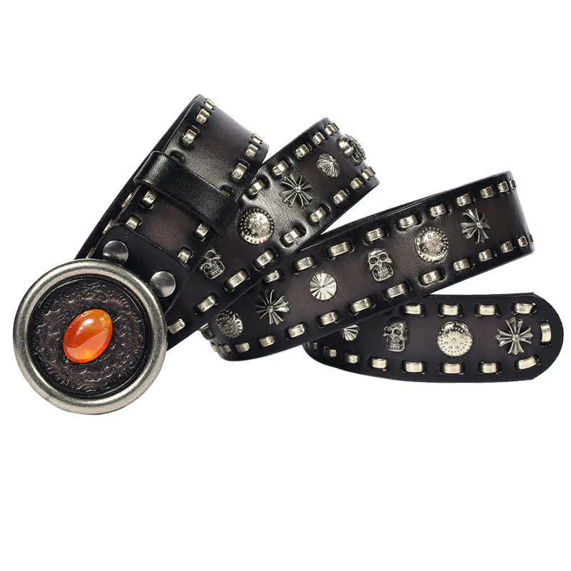 Men's Punk Style Orange Onyx Slate Leather Belt